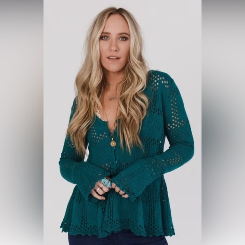 Three Bird Nest Teal Crochet Long Sleeve Peplum Top